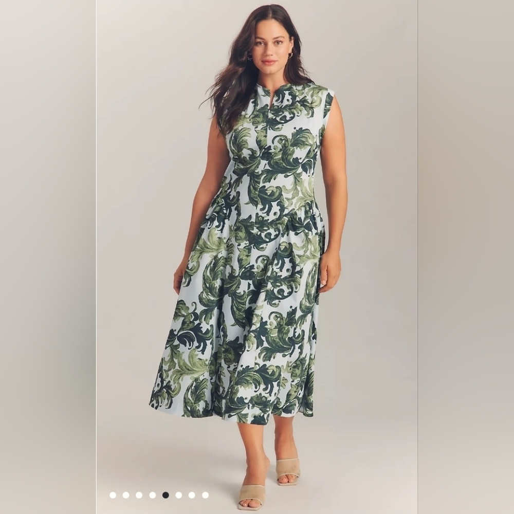 NWT Anthropologie SZ XL Green and White Botanical Midi Dress PRICE FIRM - Picture 4 of 10